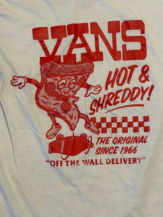 Vans Pizza Hot & Shreddy Graphic T-shirt Mens Small White Red Skateboard Tee - Picture 2 of 7